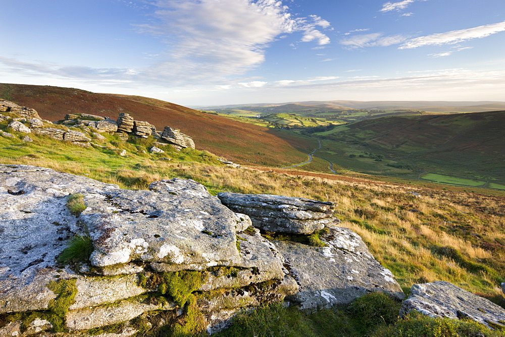 Looking down into Challacombe Down from Hookney Tor, Grimspound, Dartmoor National Park, Devon, England, United Kingdom, Europe