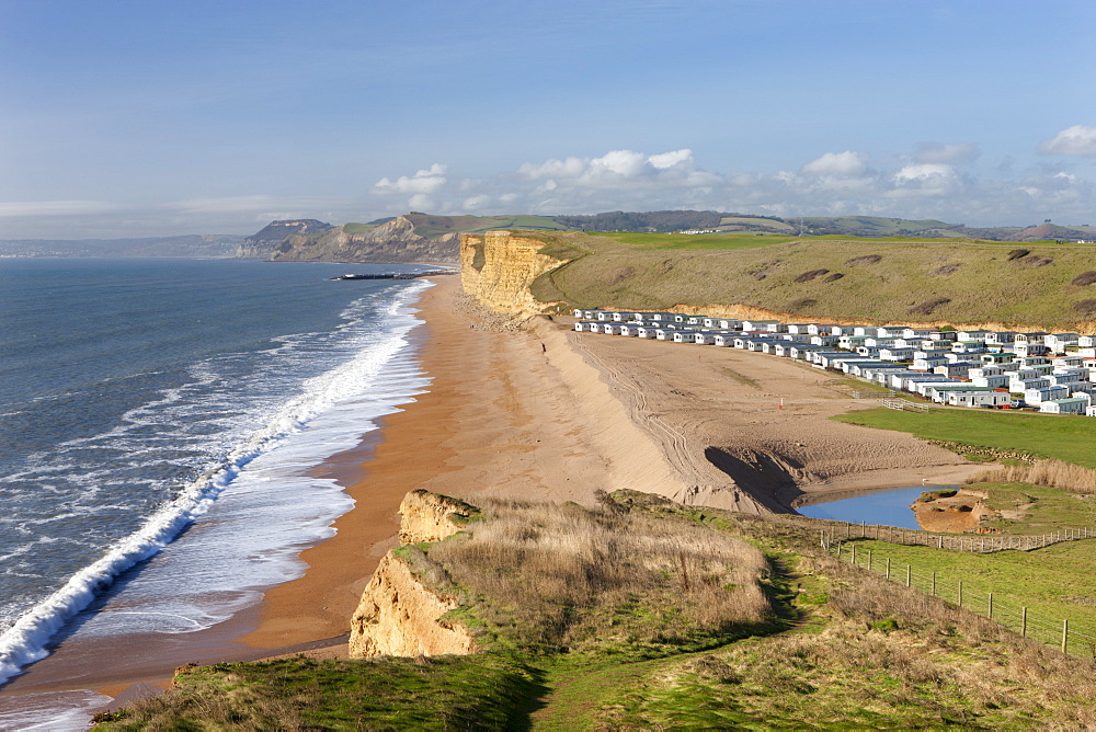 Static caravans with beach views on a coastal holiday park near Burton Bradstock, Dorset, England, United Kingdom, Europe