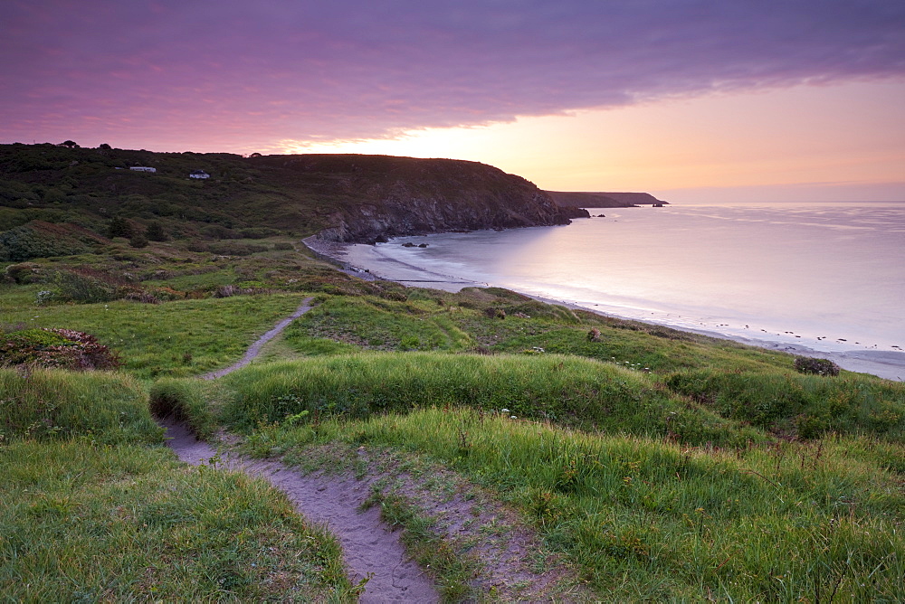 Sunrise on the South West Coast Path at Kennack Sands, Lizard Peninsula, Cornwall, England, United Kingdom, Europe