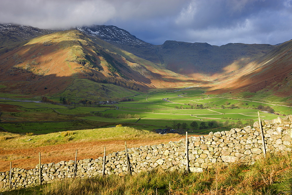 Morning sunlight in the Mickleden Valley and on the Langdale Fell, Lake District National Park, Cumbria, England, United Kingdom, Europe