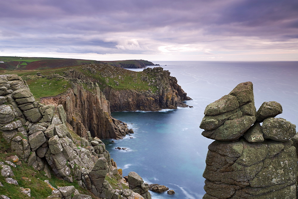 Looking across Zawn Trevilley from the clifftops at Pordenack Point towards Carn Boel, Land's End, Cornwall, England, United Kingdom, Europe