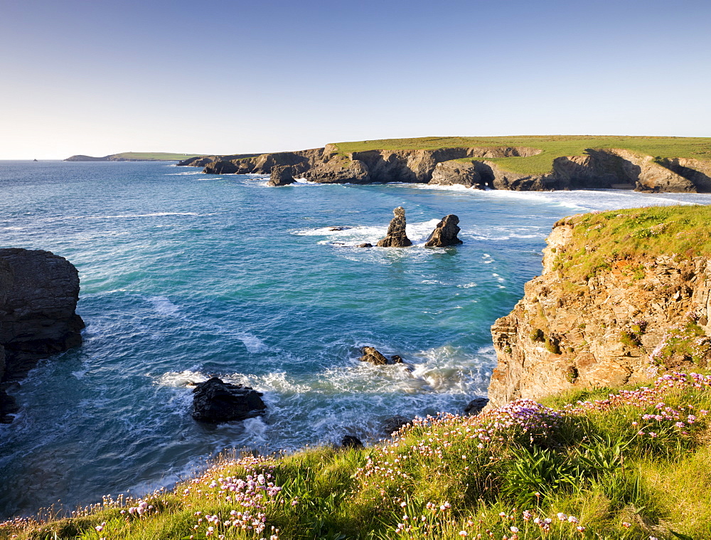 Clifftop view of Porthcothan Bay and Trevose Head, Cornwall, England, United Kingdom, Europe