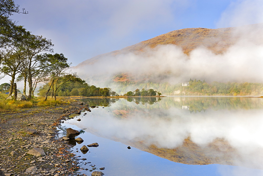 Tree lined shore of Loch Awe on a misty autumn morning, Argyll and Bute, Scotland, United Kingdom, Europe