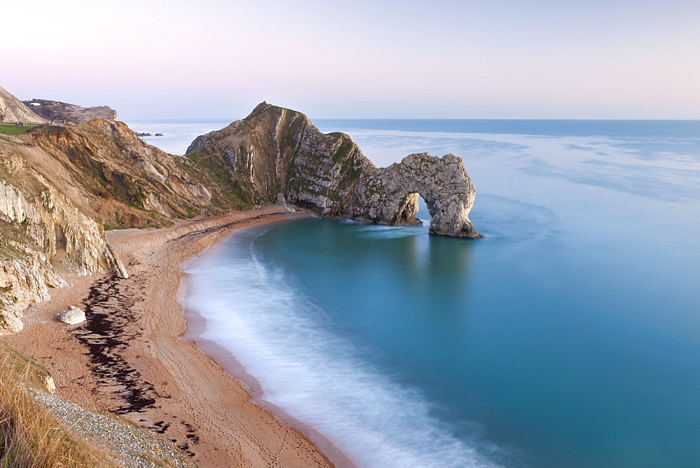 Deserted beach at twilight in winter, Durdle Door, Jurassic Coast, UNESCO World Heritage Site, Dorset, England, United Kingdom, Europe