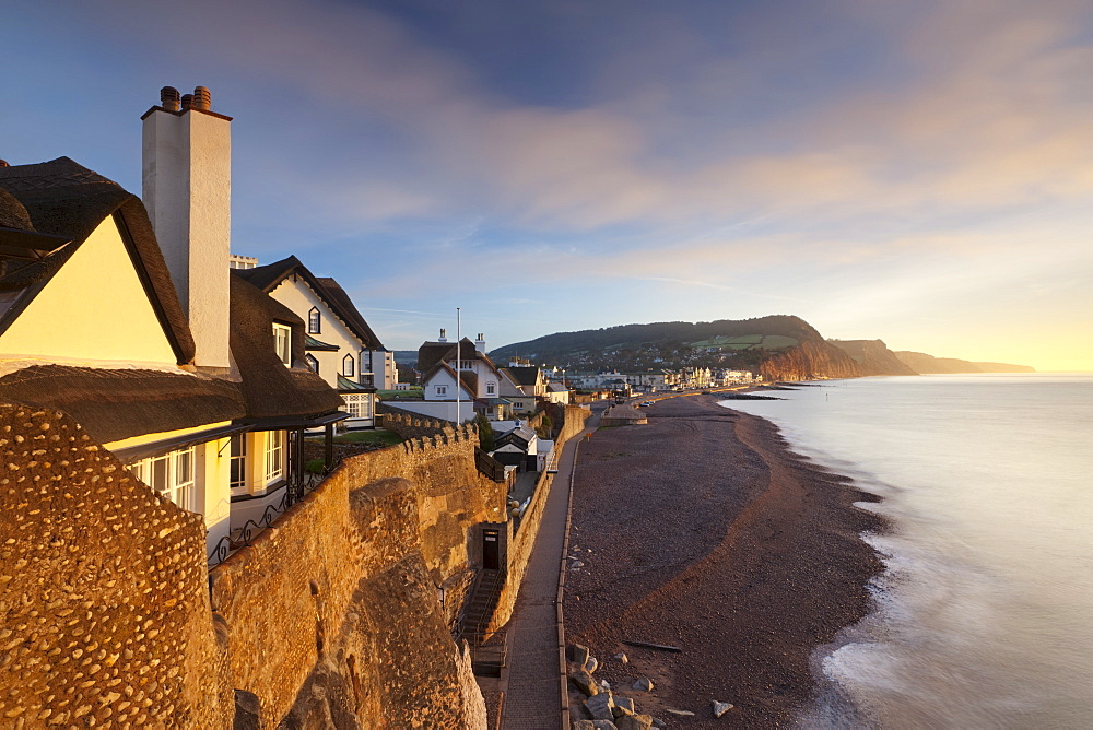 View of houses overlooking Sidmouth seafront, Sidmouth, Devon, England, United Kingdom, Europe