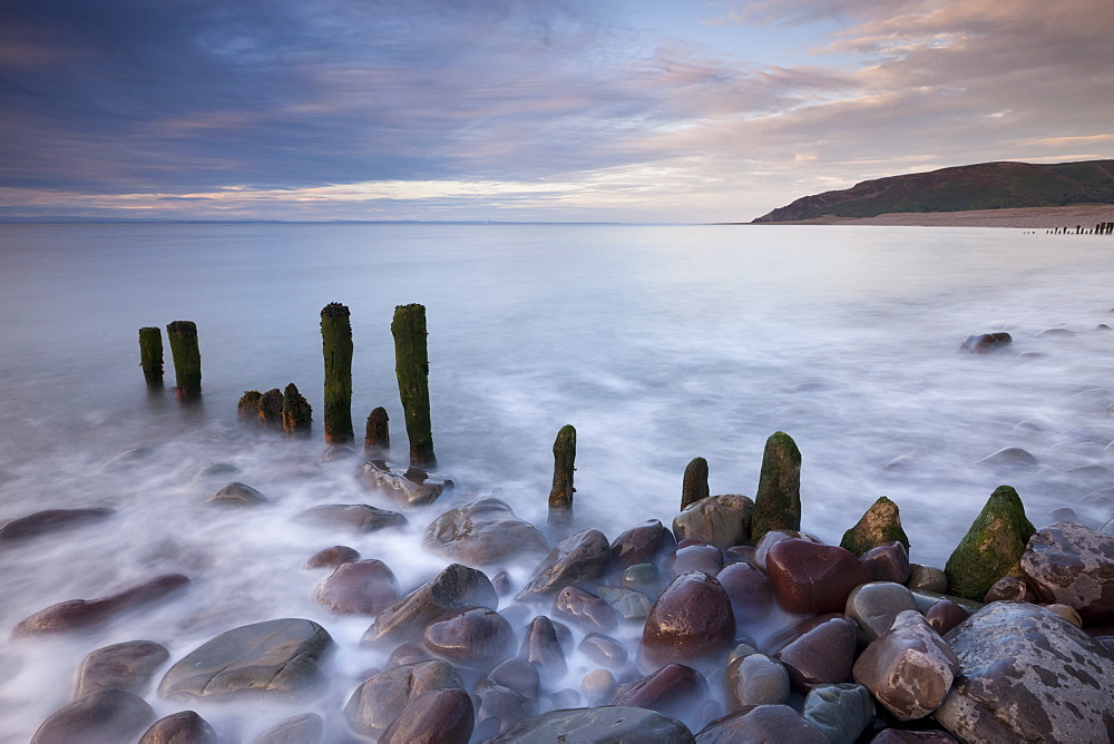 Wooden groyne on Porlock Beach, Exmoor, Somerset, England, United Kingdom, Europe