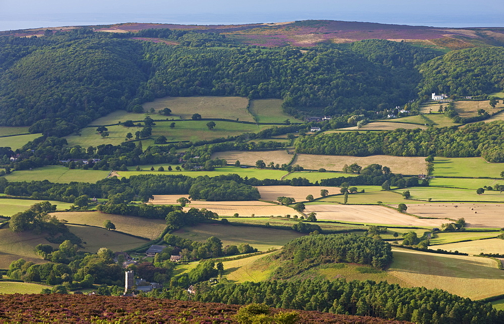 Churches and rolling countryside in the Vale of Porlock, Exmoor, Somerset, England, United Kingdom, Europe