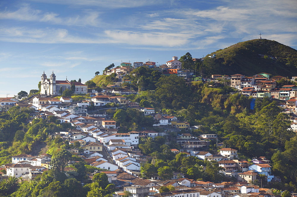 View of Santa Efigenia dos Pretos Church and hillside houses, Ouro Preto, UNESCO World Heritage Site, Minas Gerais, Brazil, South America 