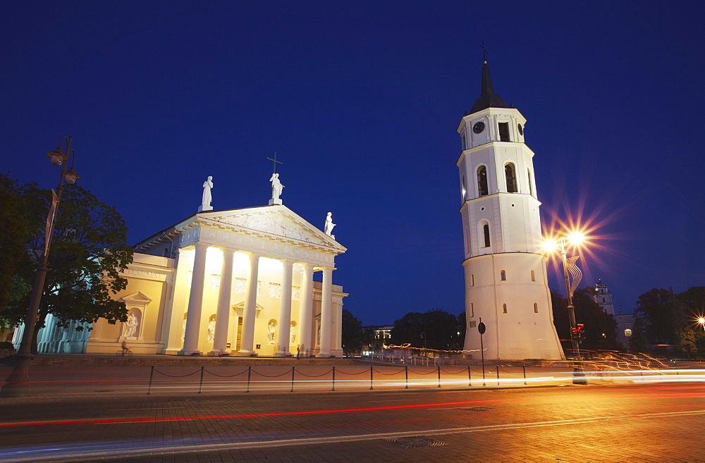 Vilnius Cathedral and Bell Tower at dusk, Vilnius, Lithuania, Baltic States, Europe