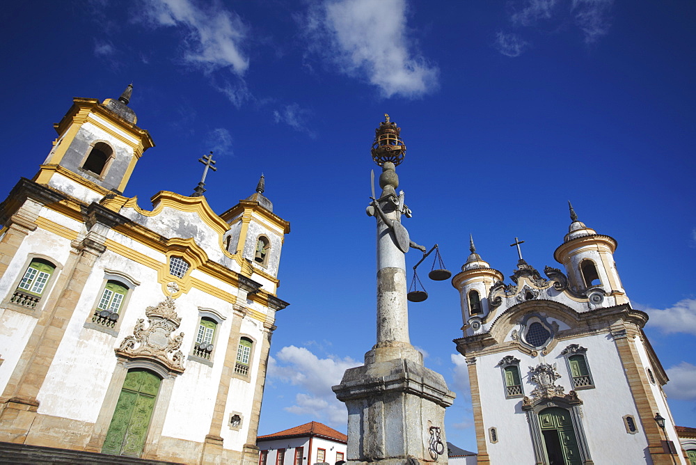 Nossa Senhora do Carmo (Our Lady of Mount Carmel) and Sao Francisico de Assis (St. Francis of Assisi) churches in Praca Minas Gerais, Mariana, Minas Gerais, Brazil, South America 