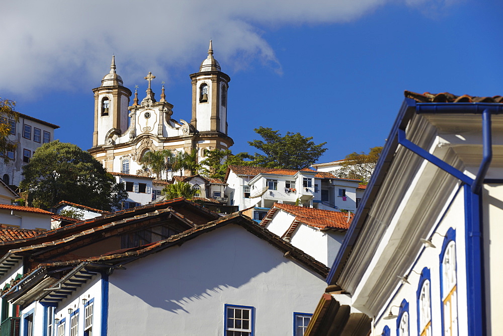 View of colonial buildings and Nossa Senhora do Carmo (Our Lady of Mount Carmel) Church, Ouro Preto, UNESCO World Heritage Site, Minas Gerais, Brazil, South America 