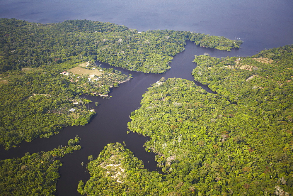 Aerial view of Amazon rainforest and Rio Negro, Manaus, Amazonas, Brazil, South America 