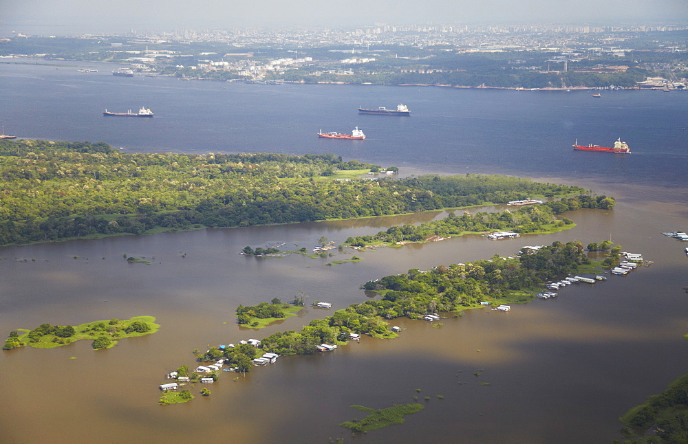 Aerial view of cargo ships on the Rio Negro, Manaus, Amazonas, Brazil, South America 