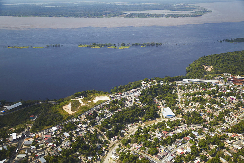 Aerial view of development along the Rio Negro, Manaus, Amazonas, Brazil, South America 