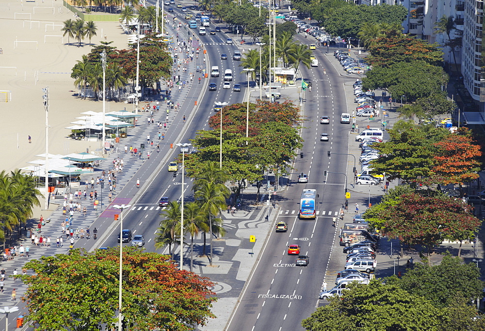 View of Copacabana beach and Avenida Atlantica, Copacabana, Rio de Janeiro, Brazil, South America 