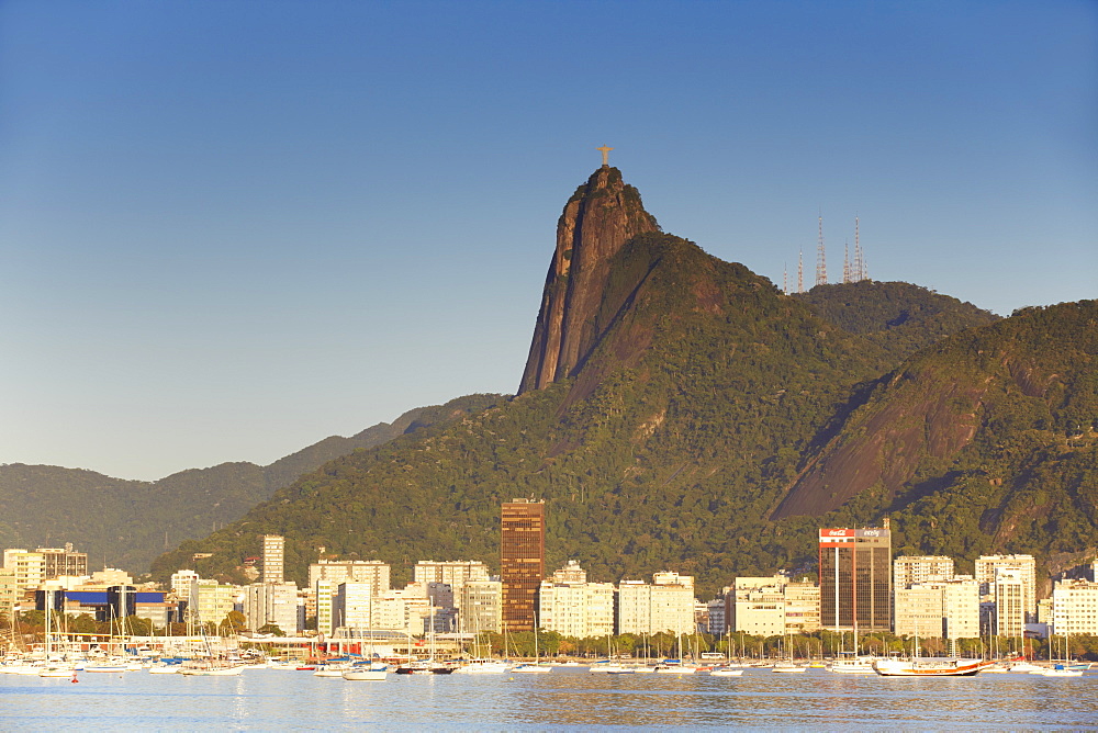 Christ the Redeemer statue atop Corvocado and Botafogo Bay, Rio de Janeiro, Brazil, South America 