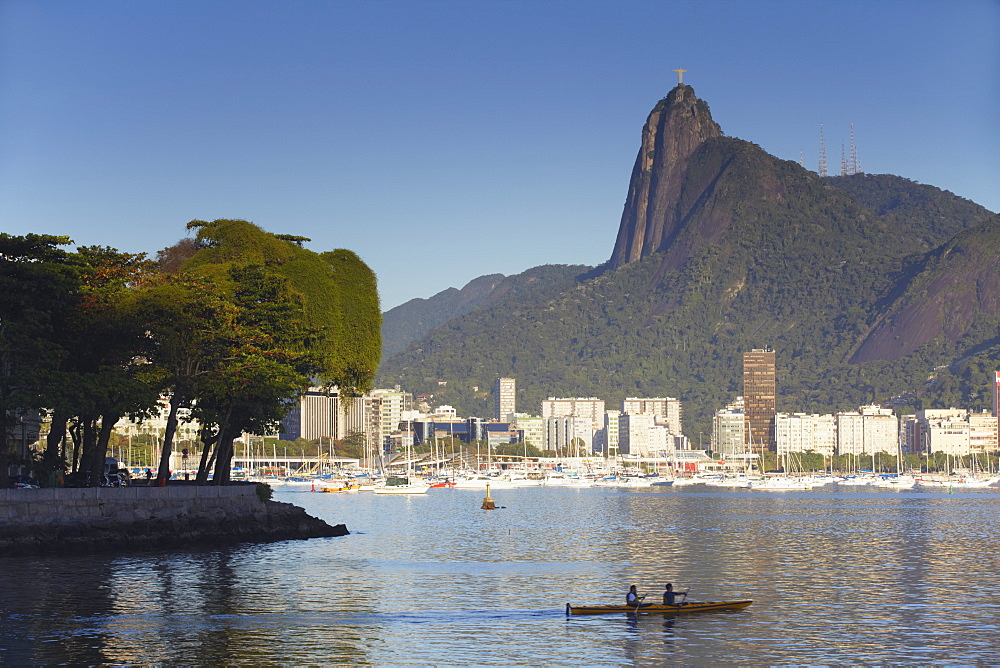 Christ the Redeemer statue atop Corvocado and Botafogo Bay, Rio de Janeiro, Brazil, South America 