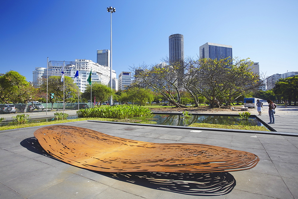 Modern art sculpture with city skyline, Centro, Rio de Janeiro, Brazil, South America 