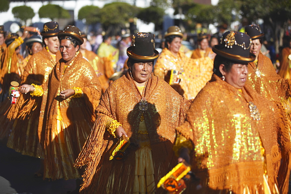 Women dancing in festival in Plaza 25 de Mayo, Sucre, UNESCO World Heritage Site, Bolivia, South America