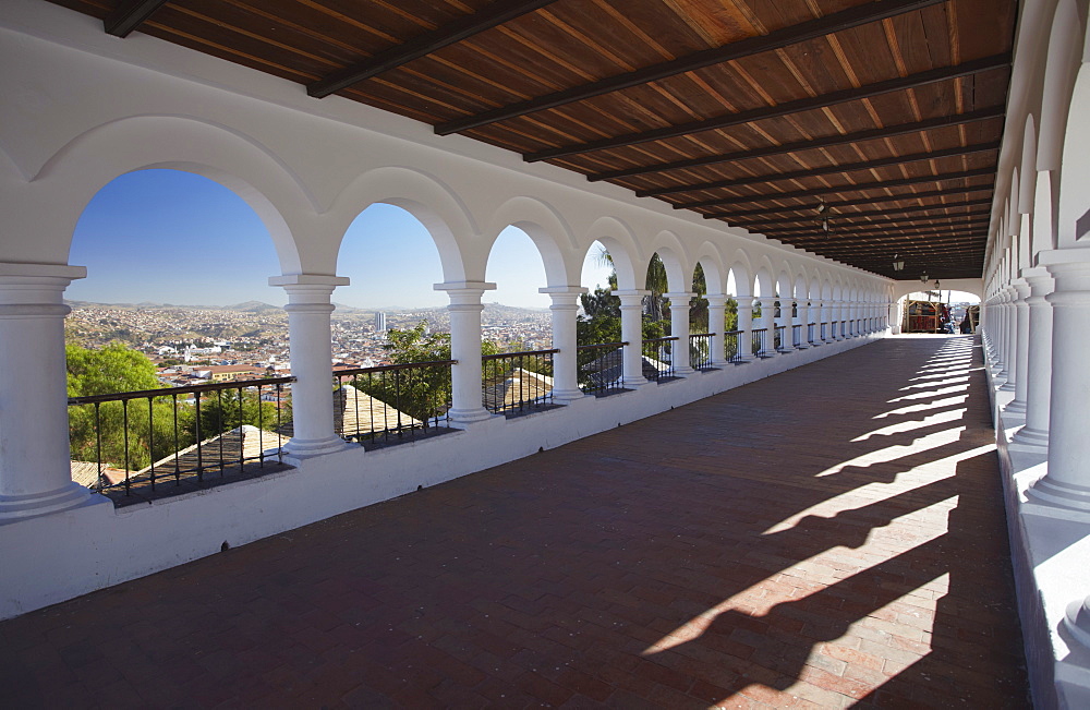 Arched walkway in Plaza Anzures, Sucre, UNESCO World Heritage Site, Bolivia, South America