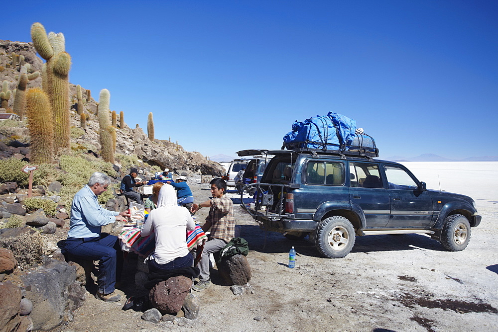 Tourists eating lunch at Isla del Pescado (Fish Island) on Salar de Uyuni (Salt Flats of Uyuni), Potosi Department, Bolivia, South America