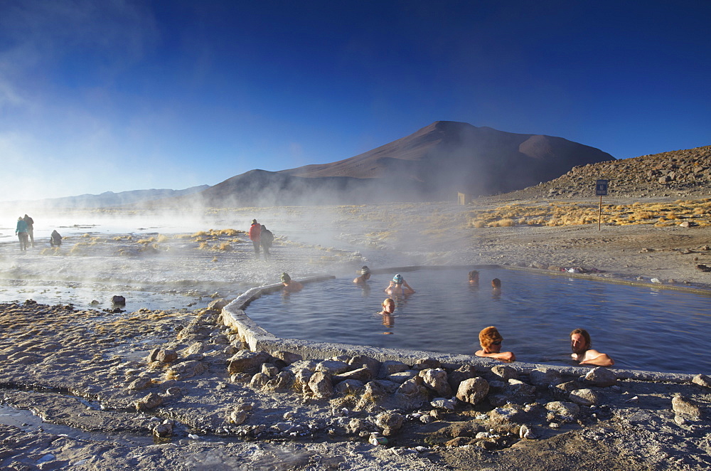 Tourists in hot springs of Termas de Polques on the Altiplano, Potosi Department, Bolivia, South America