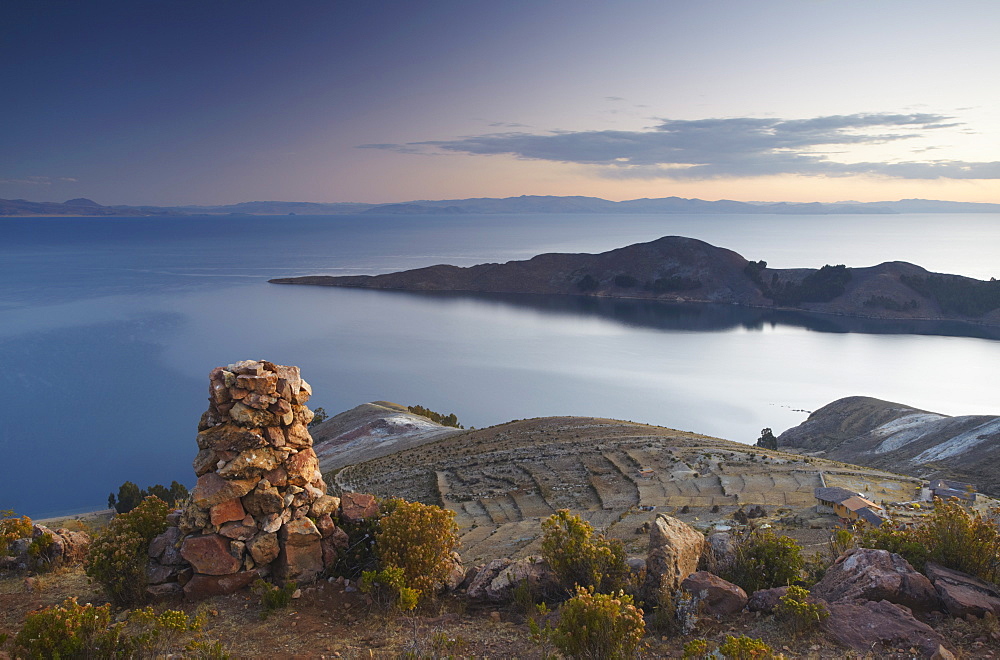 Stack of prayer stones on Isla del Sol (Island of the Sun), Lake Titicaca, Bolivia, South America