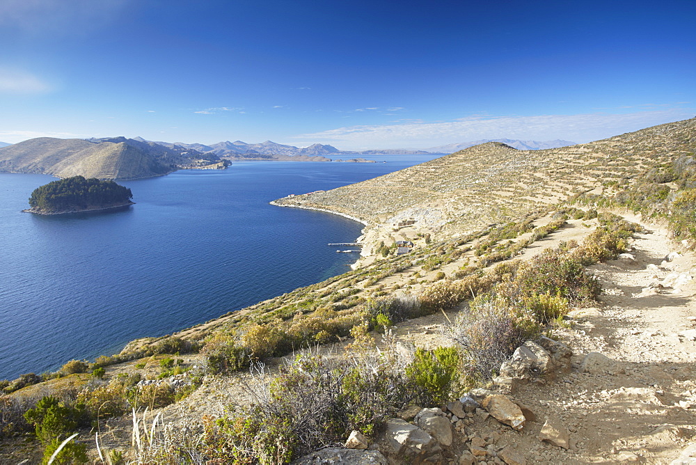 View of Inca ruins of Pilko Kaina on Isla del Sol (Island of the Sun), Lake Titicaca, Bolivia, South America