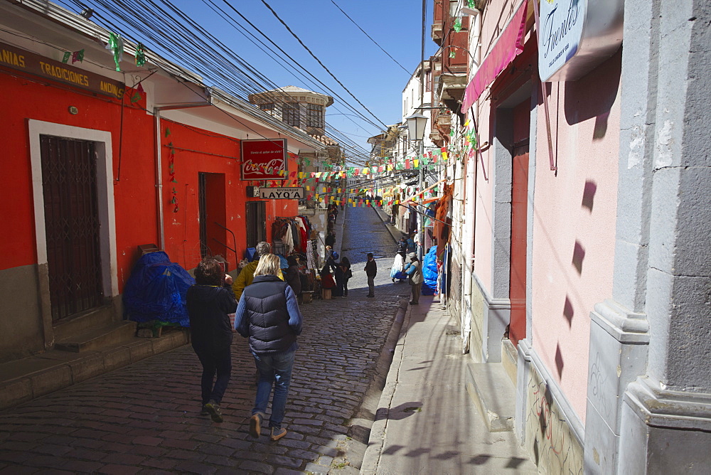 People walking along Witches' Market, La Paz, Bolivia, South America