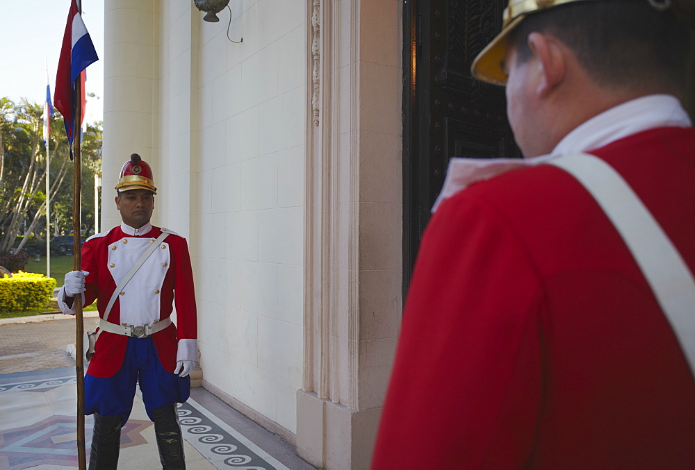 Soldiers standing guard outside Panteon de los Heroes, Asuncion, Paraguay, South America