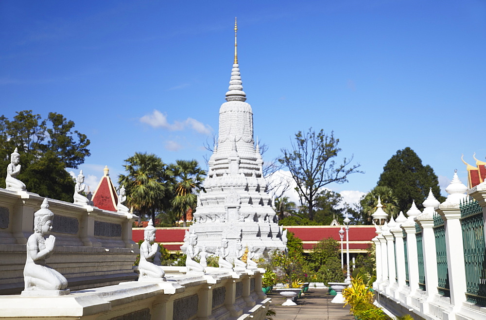 Statues and stupas at Silver Pagoda inside Royal Palace complex, Phnom Penh, Cambodia, Indochina, Southeast Asia, Asia