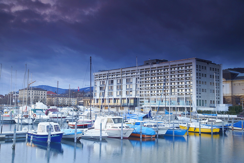 Harbour at dusk, Neuchatel, Switzerland, Europe