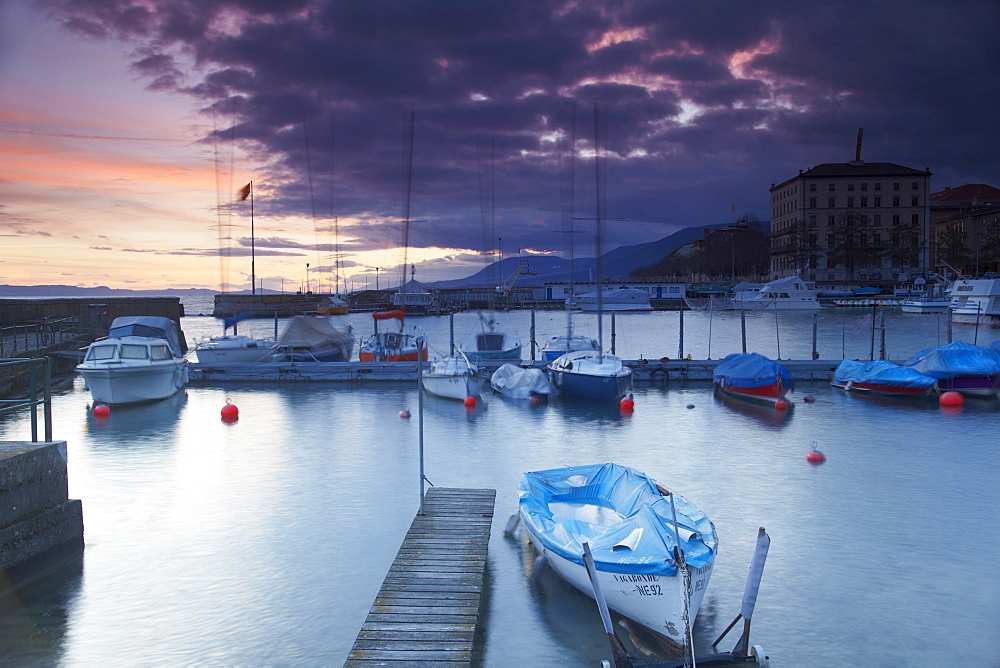 Harbour at sunset, Neuchatel, Switzerland, Europe