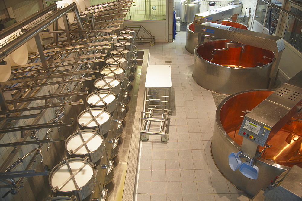 Cheese making equipment inside La Maison du Gruyere, Gruyeres, Fribourg, Switzerland, Europe