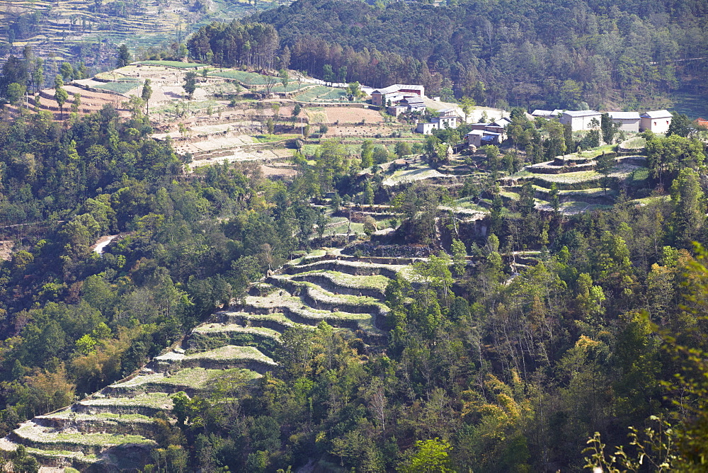 Hillside village and terraced fields, Dhulikhel, Kathmandu Valley, Nepal, Asia