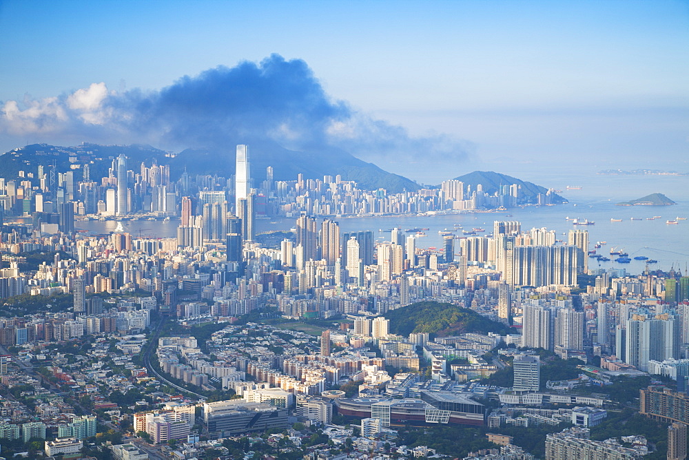 View of Kowloon and Hong Kong Island at dawn, Hong Kong, China, Asia