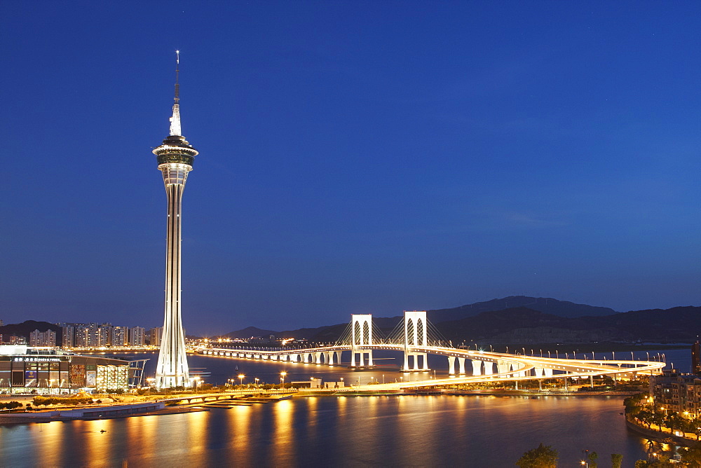 Macau Tower and Sai Van bridge at dusk, Macau, China, Asia