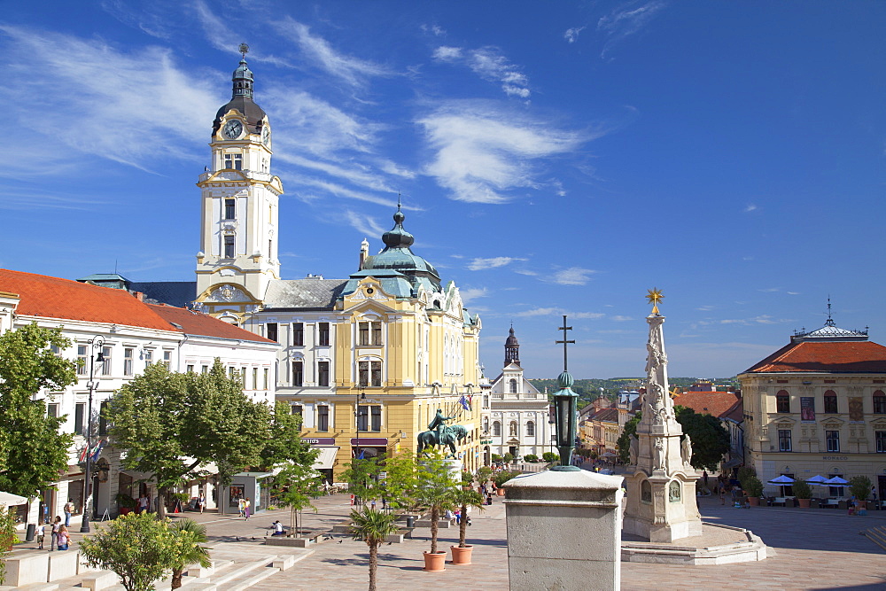 Trinity Column and Town Hall in Szechenyi Square, Pecs, Southern Transdanubia, Hungary, Europe