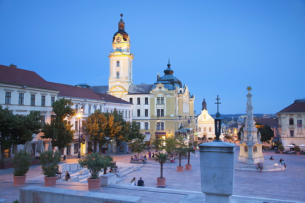 Szechenyi Square at dusk, Pecs, Southern Transdanubia, Hungary, Europe