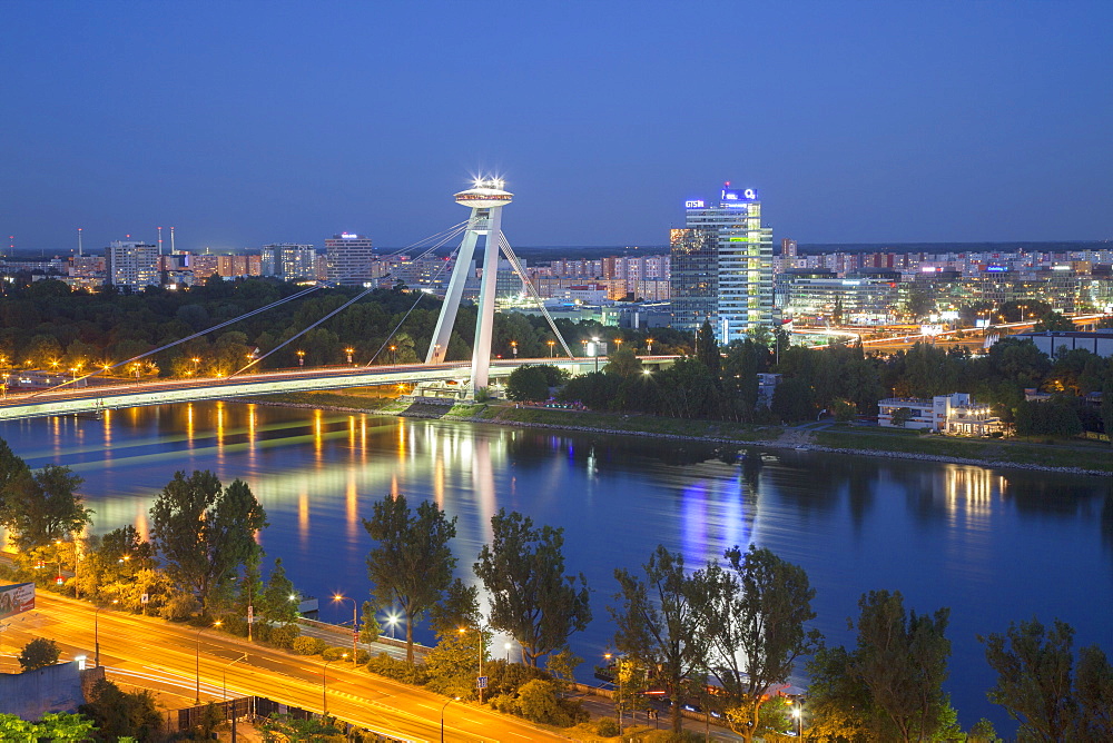 View of New Bridge over the River Danube at dusk, Bratislava, Slovakia, Europe 