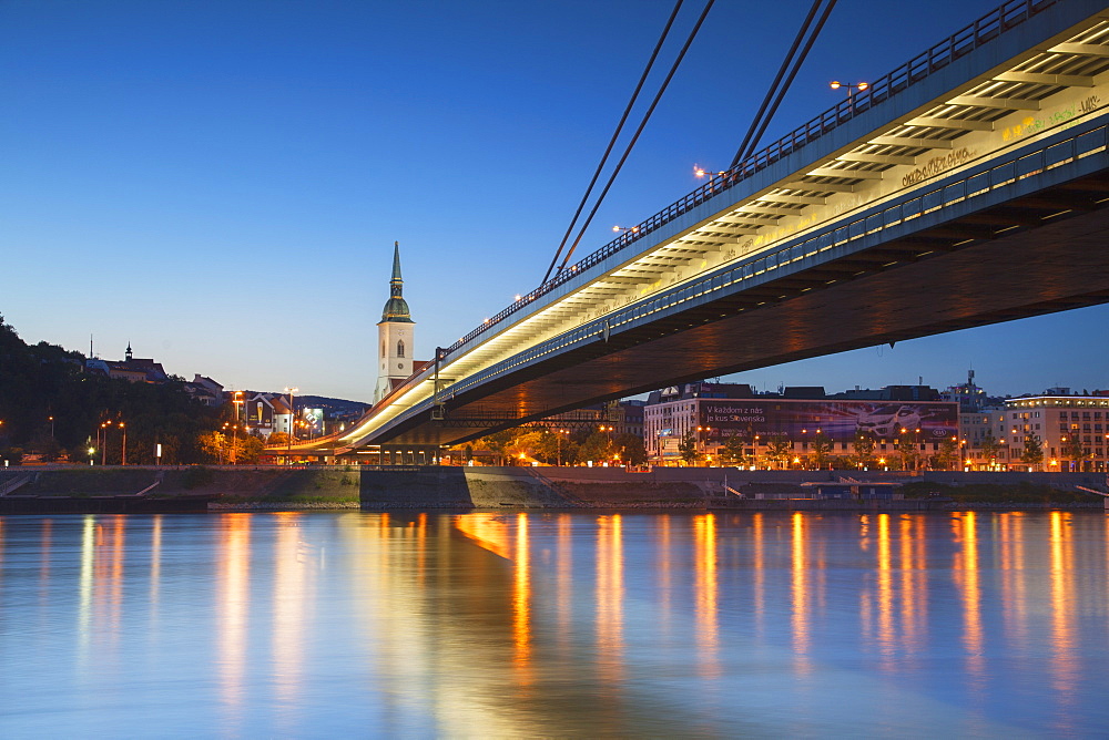 St. Martin's Cathedral and New Bridge over the River Danube at dusk, Bratislava, Slovakia, Europe