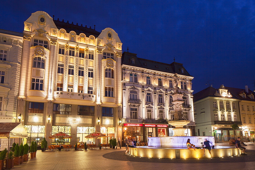 Hlavne Nam (Main Square) at dusk, Bratislava, Slovakia, Europe 