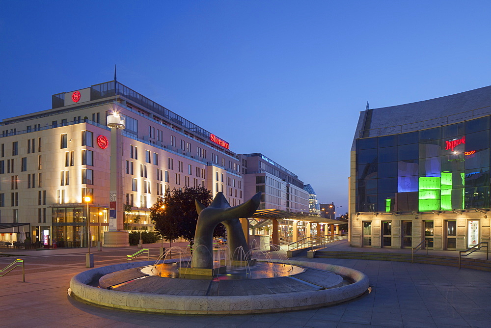 Slovak National Theatre and Sheraton Hotel at dusk, Bratislava, Slovakia, Europe