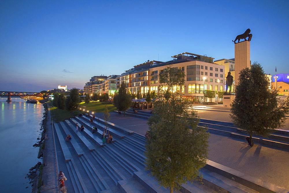 Eurovea complex at dusk, Bratislava, Slovakia, Europe 