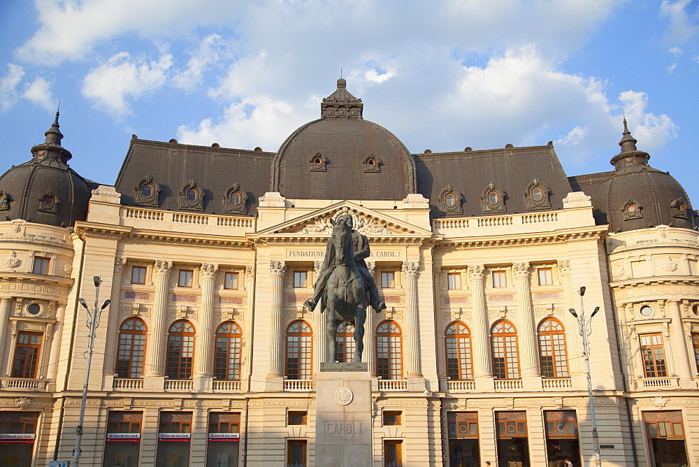 Statue of King Carol outside Central University Library, Piata Revolutiei, Bucharest, Romania, Europe 