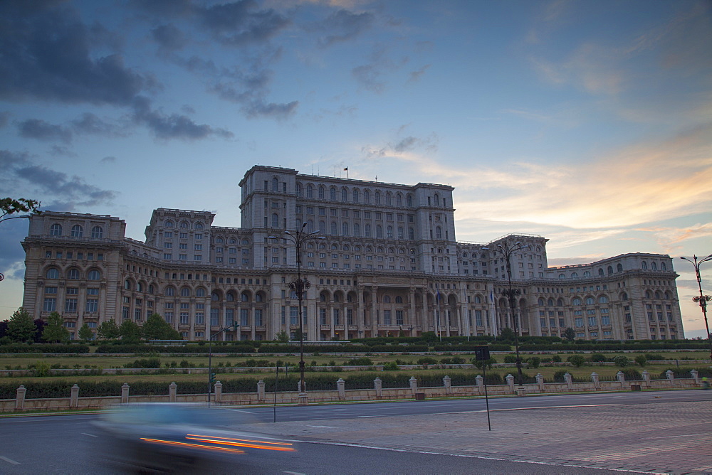 Palace of Parliament at dusk, Bucharest, Romania, Europe 