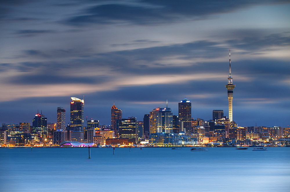 View of Auckland skyline at dusk, Auckland, North Island, New Zealand, Pacific