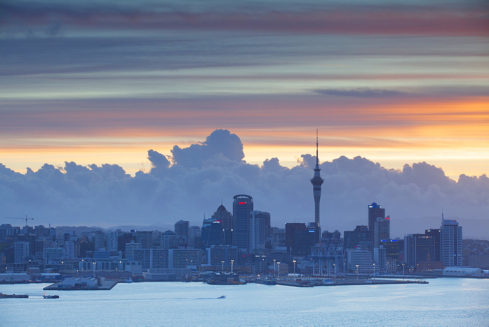 View of Auckland at sunset, Auckland, North Island, New Zealand, Pacific