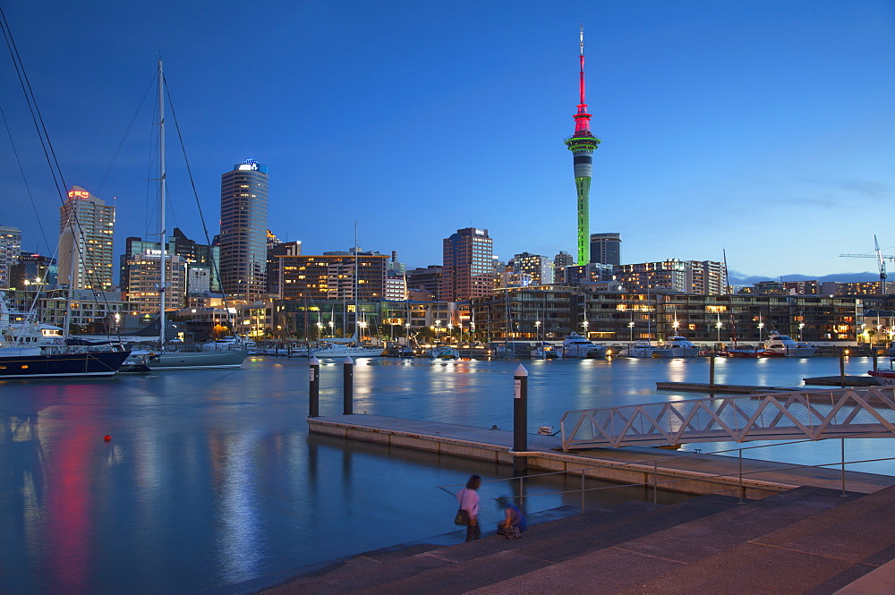 Viaduct Harbour and Sky Tower at dusk, Auckland, North Island, New Zealand, Pacific