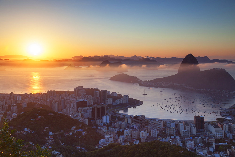 View of Sugarloaf Mountain and Botafogo Bay at dawn, Rio de Janeiro, Brazil, South America